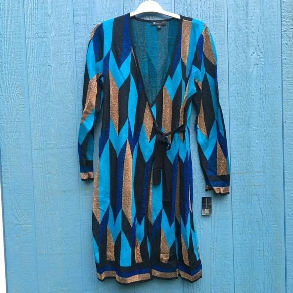 NWT INC Concepts Women's Size Large Blue Gold Long Sleeve Wrap Sweater Dress - Picture 3 of 7